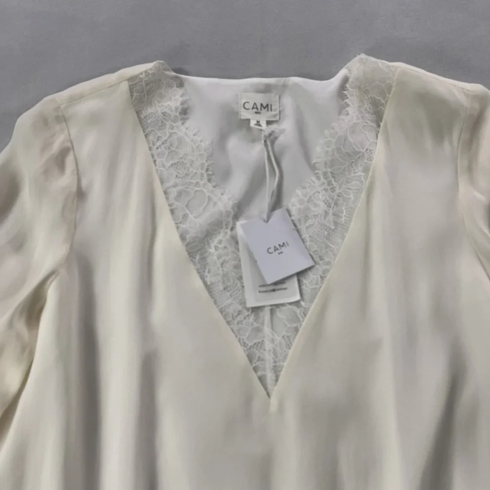 Cami NYC Top Women Medium White 100% Silk Long Sleeve V-Neck Lace Trim NEW - Picture 8 of 15